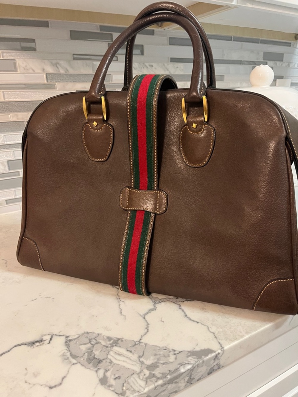 🦋Ultra Rare🦋 Gucci Brown Leather Duffel with Sherry Line Stripe - Picture 5 of 11